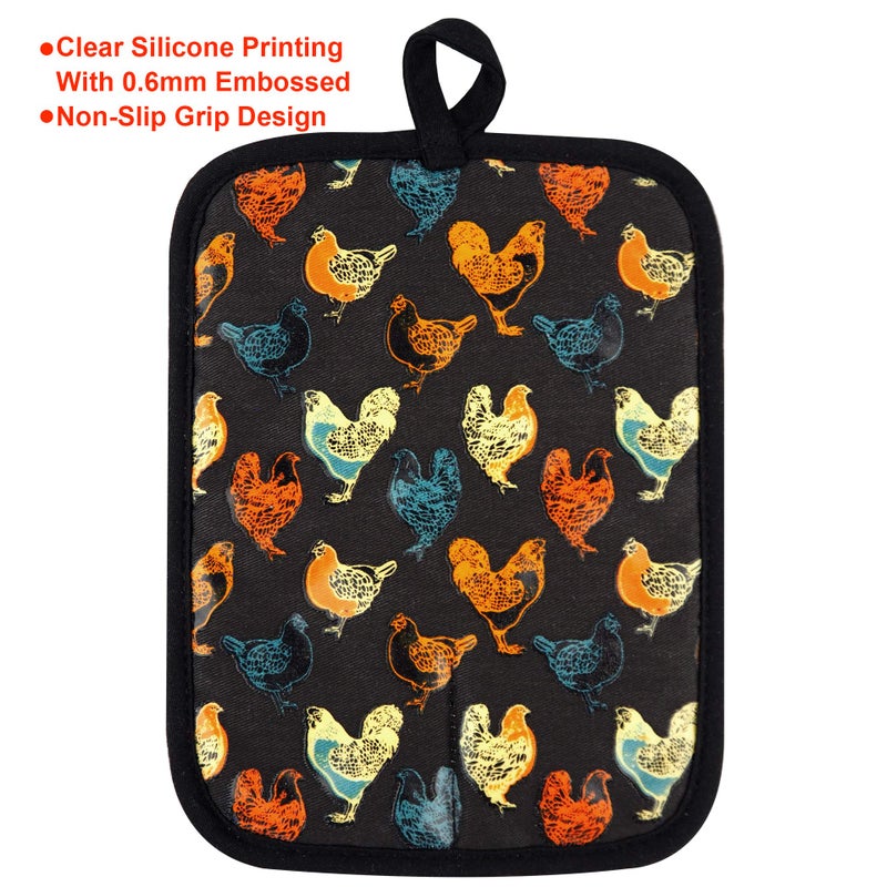 RED LMLDETA Pot Holders Set of 2 Heat Resistant 480 â„‰Non Slip Clear Silicone Printed Comfortable Cotton Lining Kitchen Women Men Cooking Baking Microwave Machine Washable (Rooster, Black Potholders) - Image 4